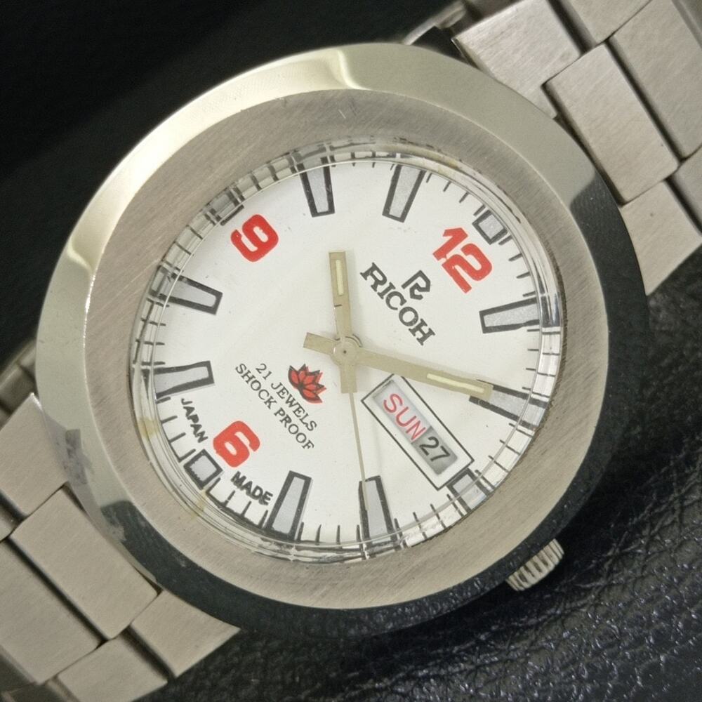 Vintage 1980 Ricoh Automatic Mens Silver Watch W/daydate & Red accents